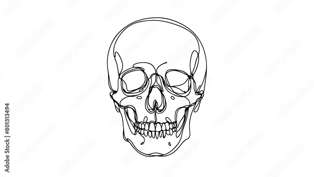 continuous line drawing of a realistic human skull
