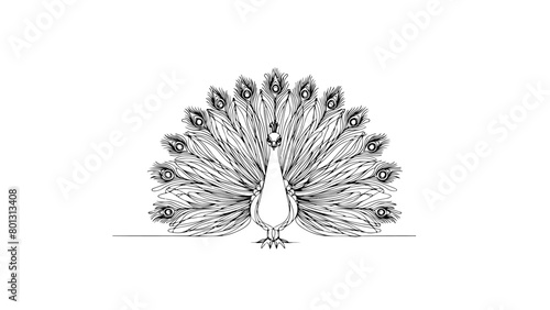 continuous line drawing of a peacock in a frontal view