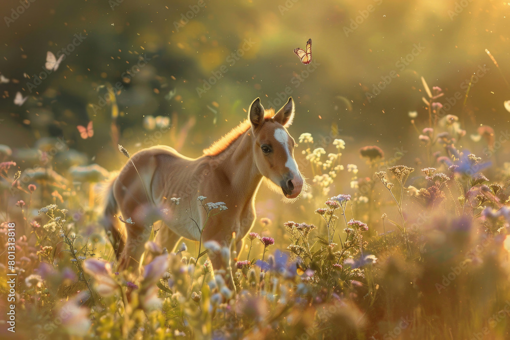 A foal's first steps in the meadow