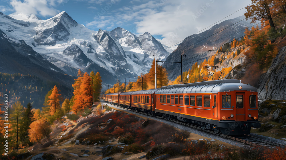 vintage train, in orange and red colors, is driving The mountains with autumn trees around it. The mountains are covered with snowcapped peaks, creating an enchanting scene of nature's beauty