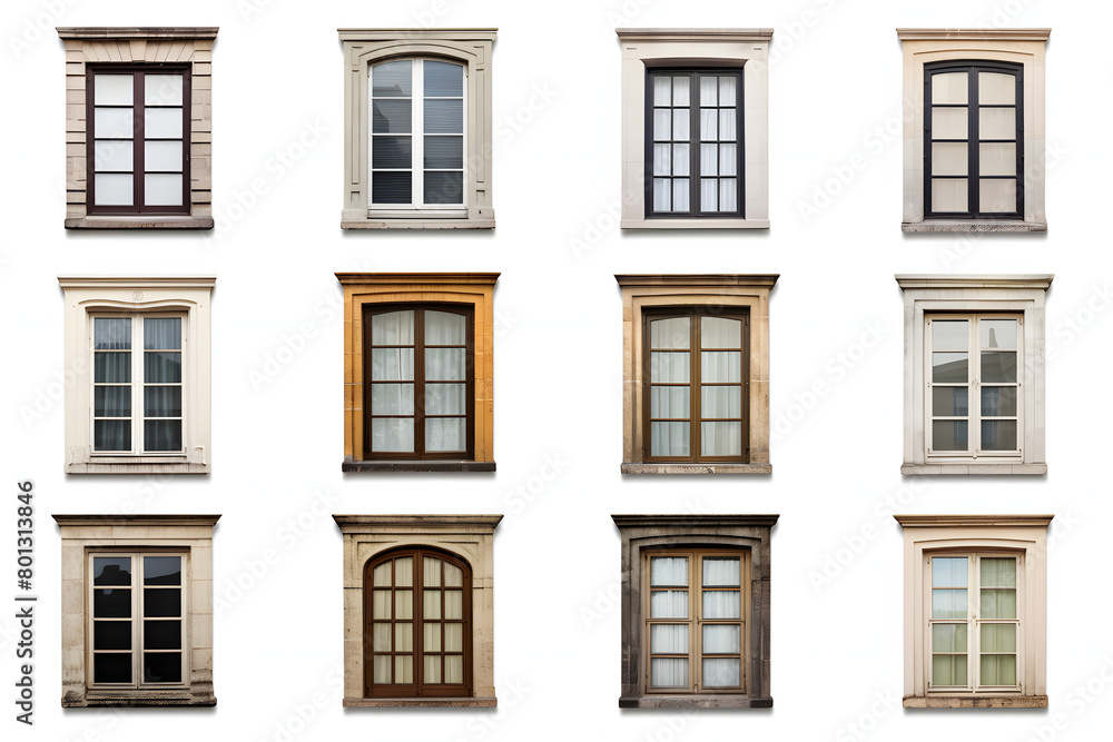 Set of vintage-style windows isolated on a white background, including wooden sash and French window frames, ideal for historica    Generative Ai,