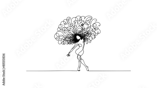 one continuous line drawing of a black woman with afro hair dance