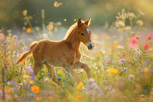 A foal s first steps in the meadow