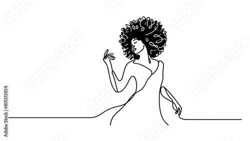 one continuous line drawing of a black woman with afro hair dancing