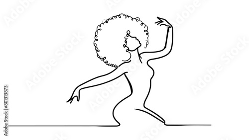 minimalist continuous line drawing of a black woman with afro hair dancing 
