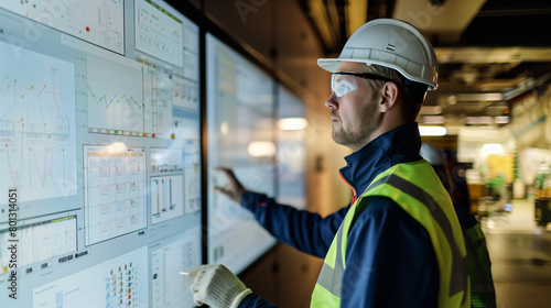 Engineers monitoring renewable energy distribution on a large digital display that uses a decentralized blockchain system, in a control room, natural light, soft shadows, blurred b photo