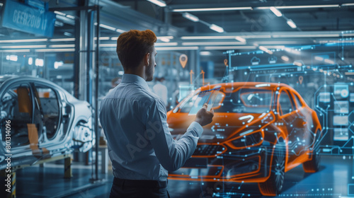 An automotive industry executive exploring vehicle telemetry data on a blockchain network, which improves security and efficiency, in an advanced manufacturing facility, natural li photo