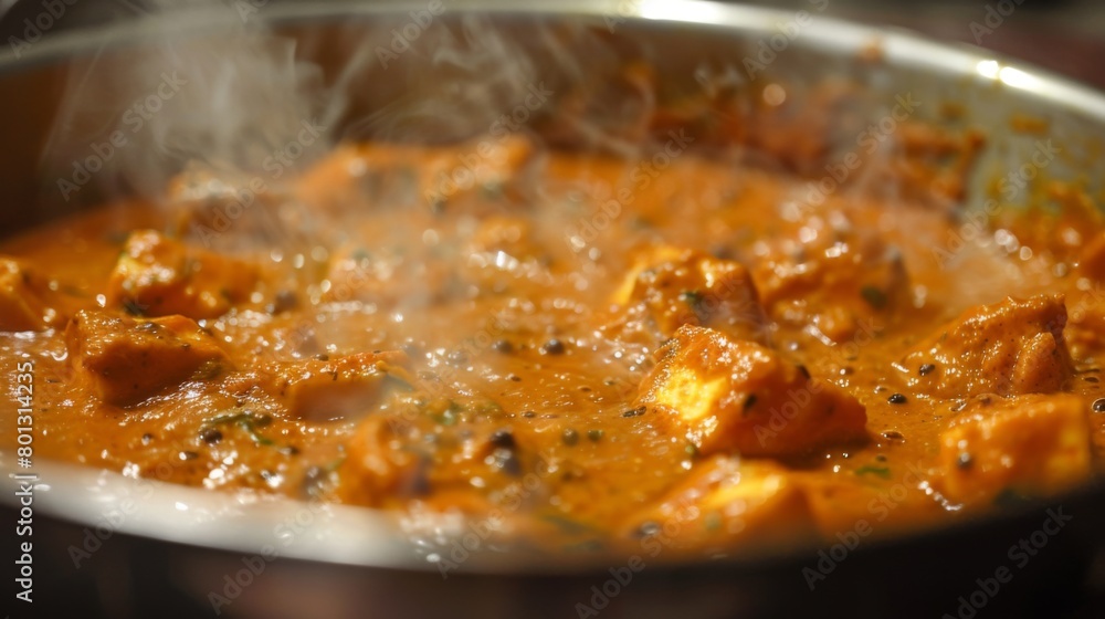 Close-up of paneer butter masala simmering in a creamy tomato gravy, exuding rich aroma and inviting viewers to indulge in its decadent flavors. Close-up of paneer butter masala simmering in a creamy tomato gravy, exuding rich aroma and inviting viewers to indulge in its decadent flavors.