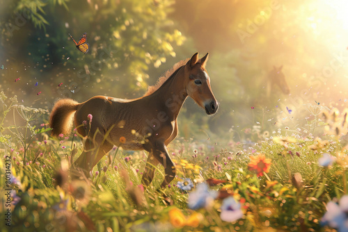 A foal s first steps in the meadow