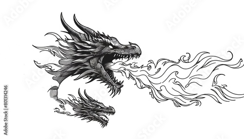 A realistic han drawn double headed dragon spitting fire