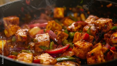 Close-up of paneer cubes being with bell peppers and onions in a sizzling pan, showcasing the preparation of paneer jalfrezi, a spicy stir-fry dish. photo