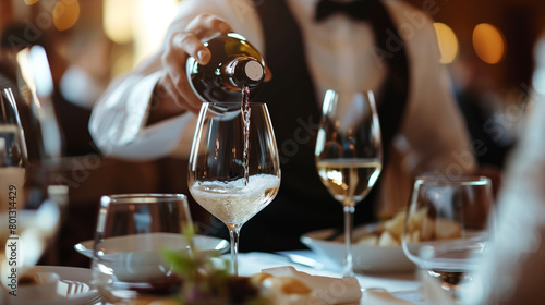 A waiter pouring wine into a diner's glass at a luxurious restaurant, focusing on the interaction and the elegant attire of the waiter, natural light, soft shadows, blurred backgro