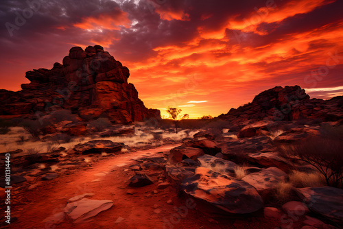 The mystical landscape of the Australian Outback  featuring red desert sands  unique rock formations  and a vibrant sunset   Generative Ai 