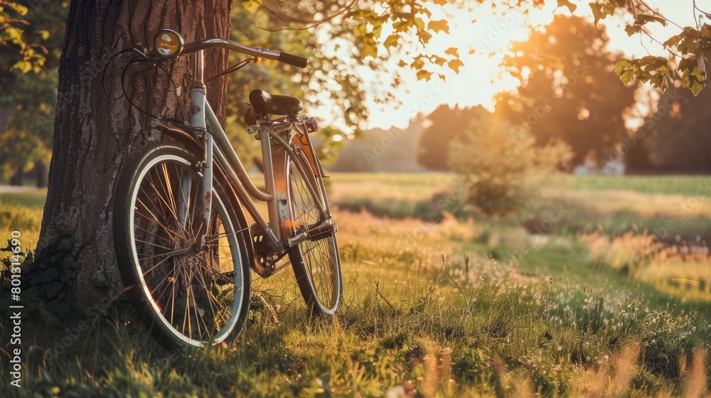 Fototapeta premium Vintage bicycle waiting near tree. with copy space. world bicycle day background concept
