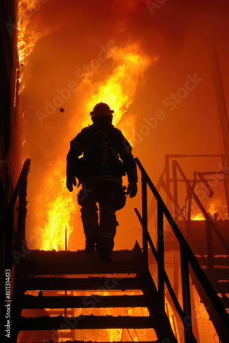 A firefighter in full gear climbs a flight of stairs with determination in front of a blazing fire