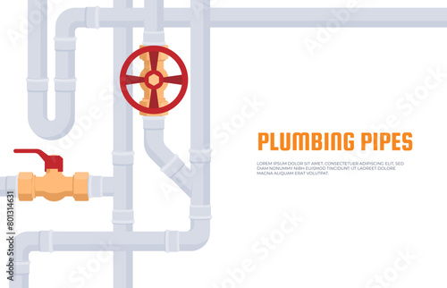 Banner with pipes laid on the background. Spare parts for the pipeline. Bends, connectors, taps and sensors for plastic pipes. Plumbing work in the house. Vector illustration