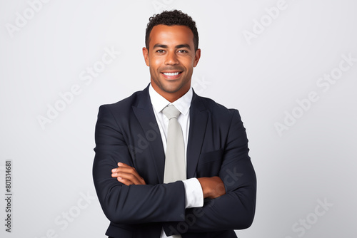 a portrait of a multiracial businessman in a suit on an isolated white background