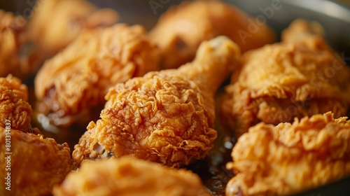 Close-up of succulent fried chicken pieces with crispy skin, showcasing the irresistible texture and flavor of this popular Thai dish. photo