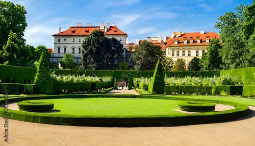 castle in the garden,A large building with a red roof and many windows is seen from the courtyard. The courtyard features a reflecting pool with a sculpture at the far end. The building has a green la