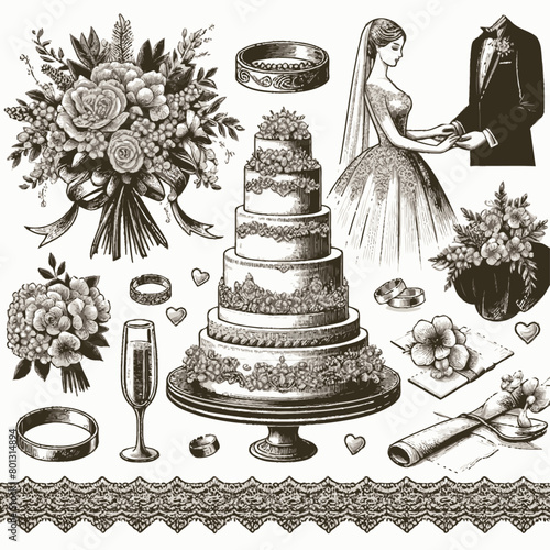 set of icons of accessories of wedding ceremony 