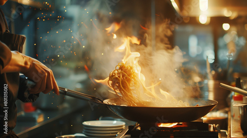 A chef tossing noodles in a flaming wok at an Asian food stall, showcasing the dynamic and theatrical cooking process, natural light, soft shadows, blurred background, with copy sp