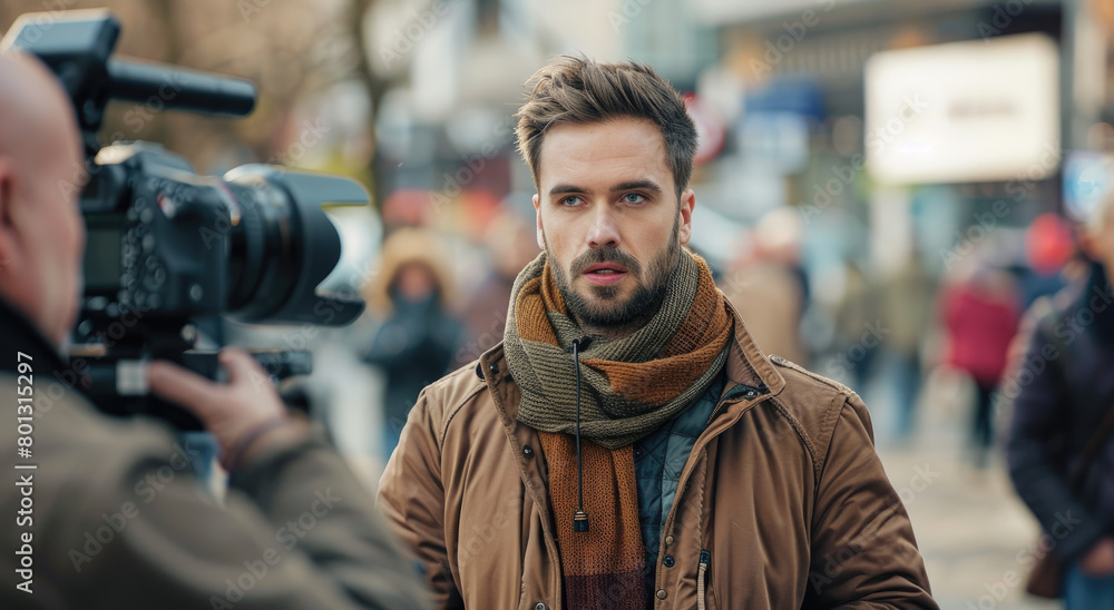 A handsome male reporter is on the street, holding a microphone and wearing a brown jacket with a scarf in front of a camera for a news report.