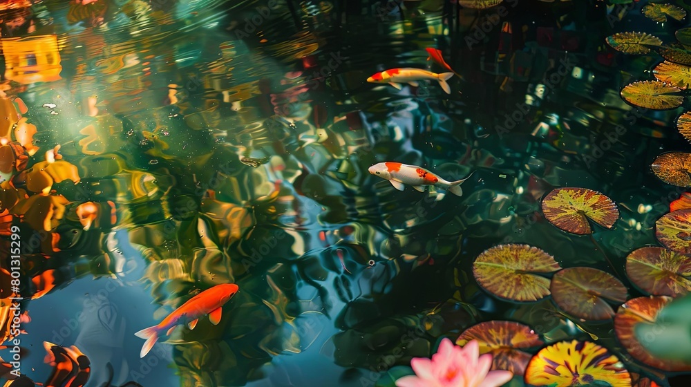 tranquil pond with colorful fish and flowers