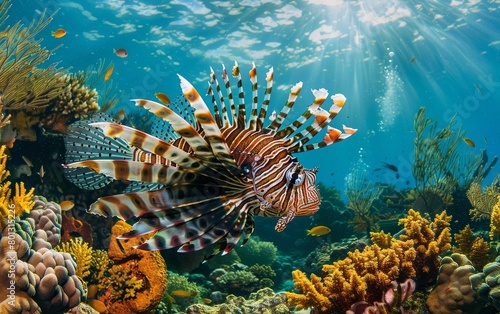 Lionfish Stalking Prey Among Coral Reefs