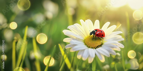 A ladybug is sitting on a white flower in a field