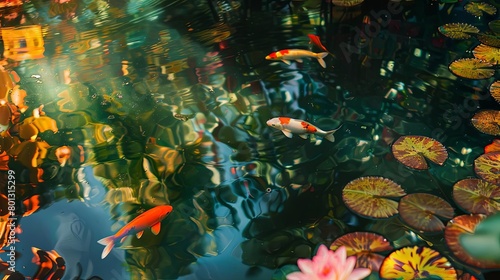 tranquil pond with colorful fish and flowers © YOGI C