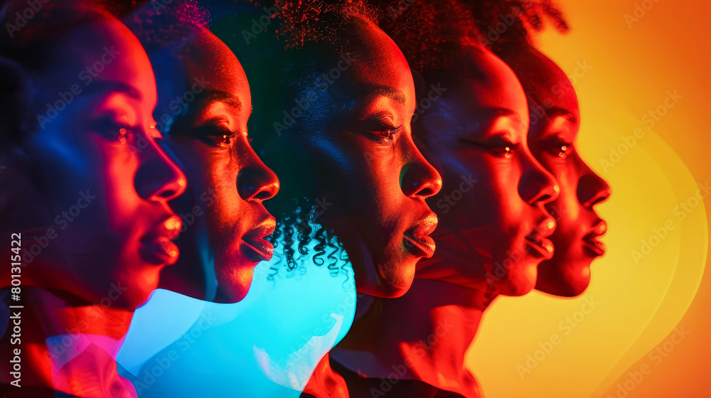 Diverse group of women passionately singing together into a microphone, creating a powerful and captivating performance Diverse group of women passionately singing together into a microphone, creating a powerful and captivating performance