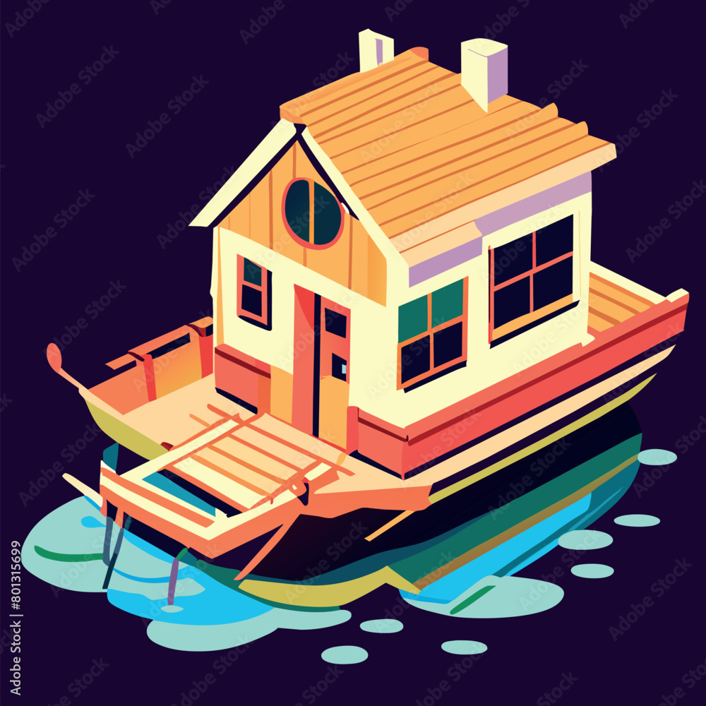 vector charming wooden house boat cartoon illustration, vector illustration flat 2