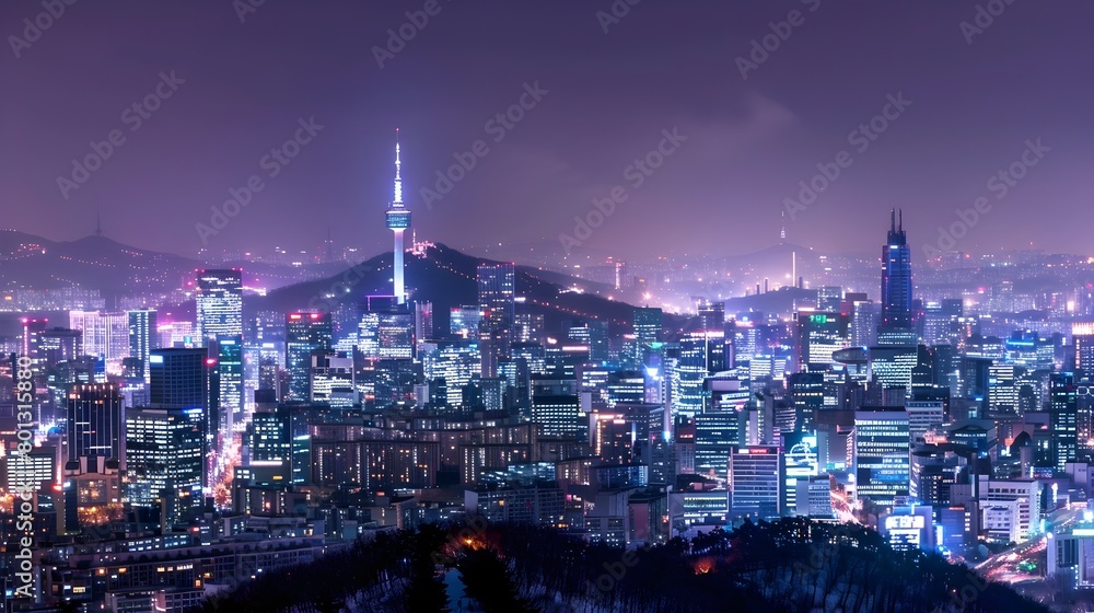 Illuminated Cityscape of Seoul Skyline with Namsan Tower Aglow at Night Illuminated Cityscape of Seoul Skyline with Namsan Tower Aglow at Night