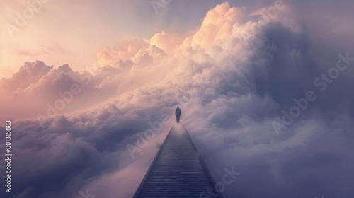 A person standing on a wooden pier extending into a sea of clouds  surrounded by mist and fog