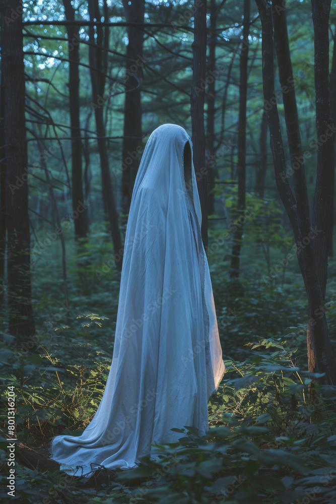 Mysterious Ghostly Figure Enshrouded in Mist in a Dark Forest Mysterious Ghostly Figure Enshrouded in Mist in a Dark Forest