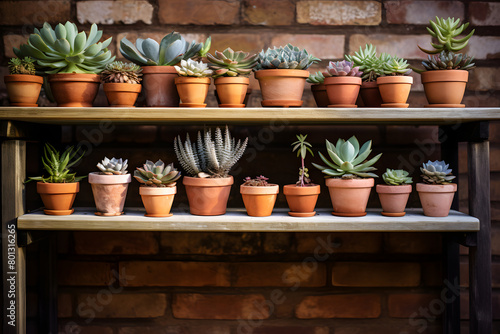 A sunlit collection of Echeveria in terracotta pots on a rustic wooden shelf Generative Ai,