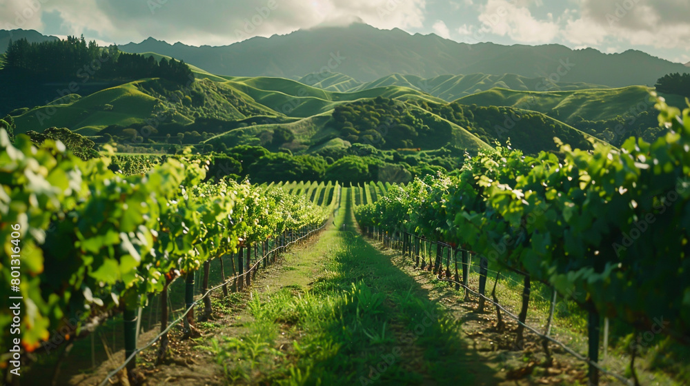 In a kiwi vineyard, a traveler is embraced by lush foliage, with buzzing insects filling the air.