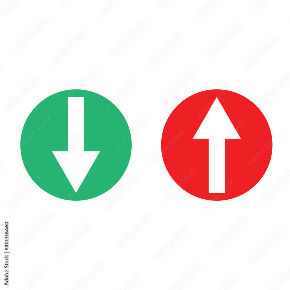 Simple up and down arrows. Upward, downward arrows in green and red ...