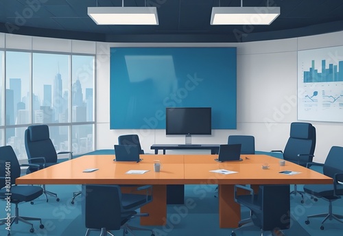Modern Empty Meeting Room with Big Conference Table with Various Documents and Laptops on it, on the Wall Big TV with Big Data, Statistics