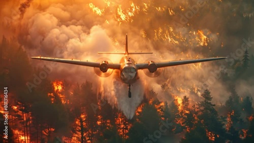 A propeller plane is seen spraying water over a forest, depicting aerial firefighting efforts to combat wildfires. photo
