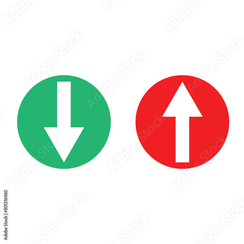 Simple up and down arrows. Upward, downward arrows in green and red isolated on white background, set of two. Flat style eps 10 vector illustration.
