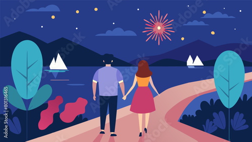 Couples strolling hand in hand along the shore admiring the spectacular fireworks show and basking in the warm glow of a perfect summer night.. Vector illustration