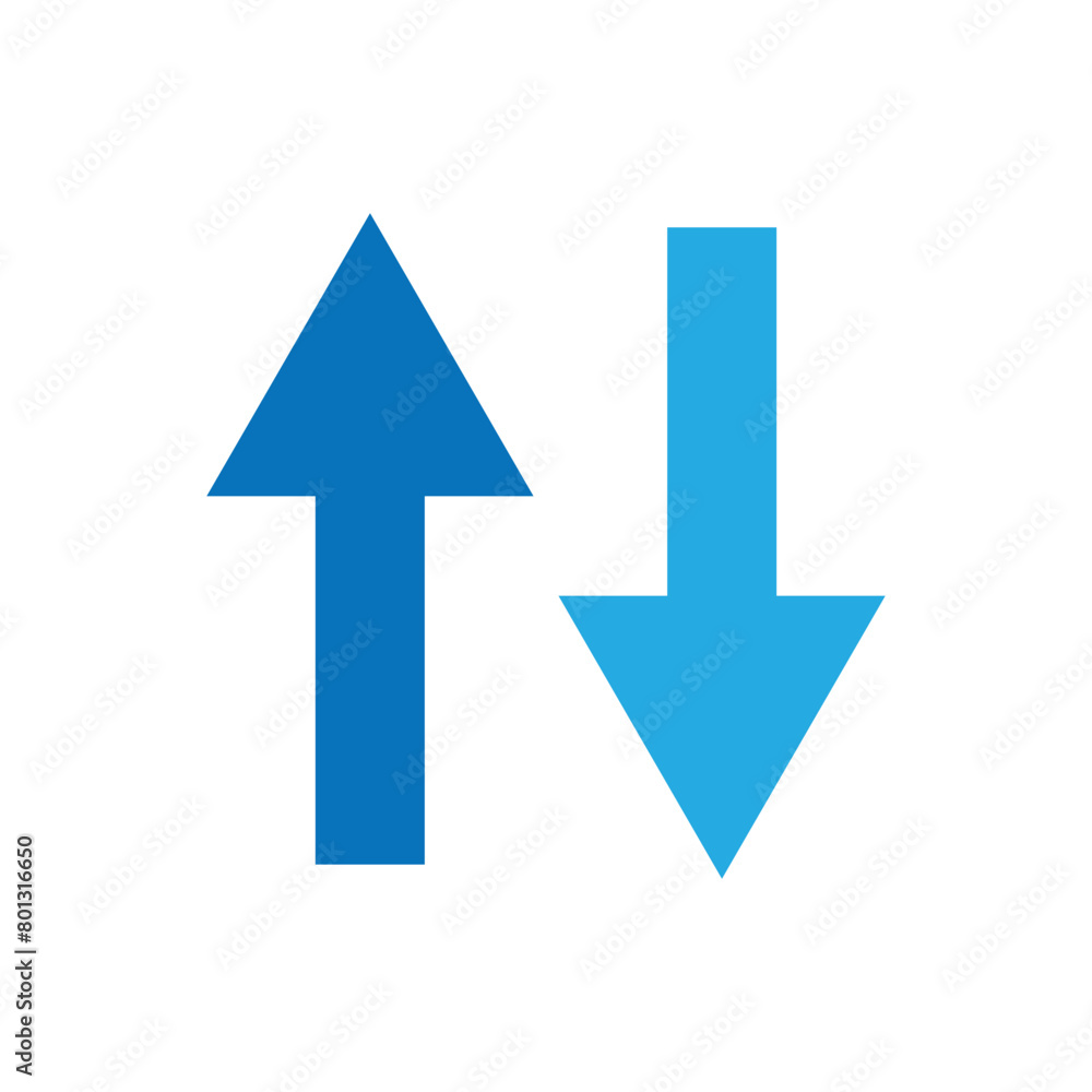 Simple up and down arrows. Upward, downward arrows in blue isolated on white background, set of two. Flat style eps 10 vector illustration. Simple up and down arrows. Upward, downward arrows in blue isolated on white background, set of two. Flat style eps 10 vector illustration.