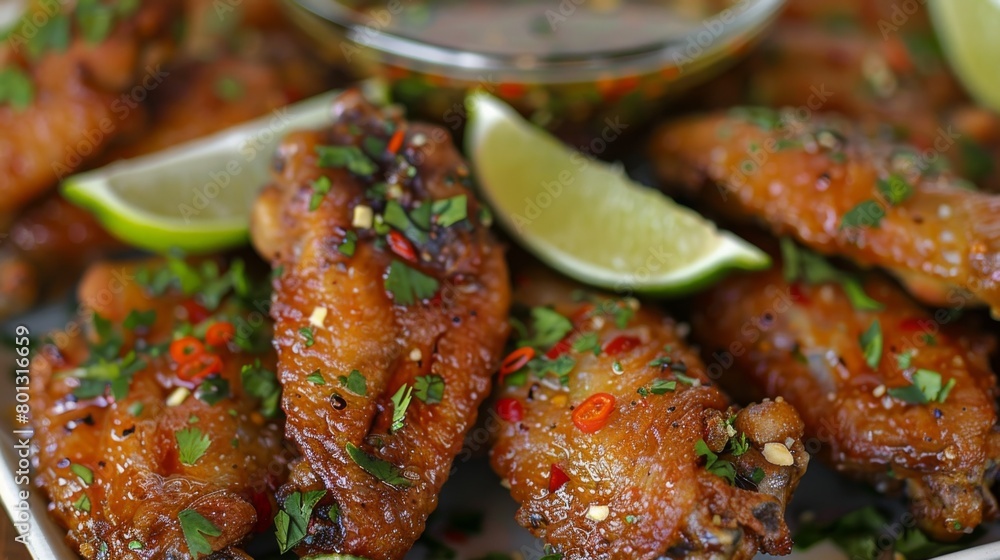 Close-up of Thai fried chicken wings arranged on a serving platter with lime wedges and chili dipping sauce, ready to be enjoyed as a flavorful snack. Close-up of Thai fried chicken wings arranged on a serving platter with lime wedges and chili dipping sauce, ready to be enjoyed as a flavorful snack.