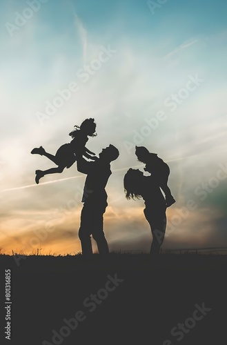 silhouette of a parents with a kids in cloudy background 