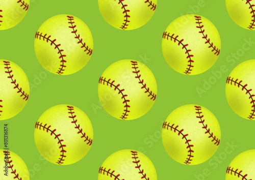 Sports balls. Balls for baseball. Pattern with green small baseballs. Seamless pattern.