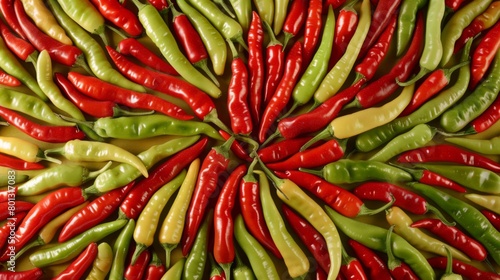 Close-up of Thai red and green chili peppers arranged in a decorative pattern, representing the bold and vibrant essence of Thai cuisine.