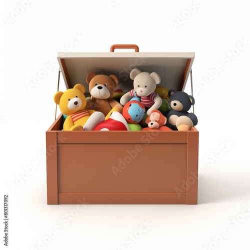 A wooden toy chest filled with a variety of colorful and cute stuffed animals and toys