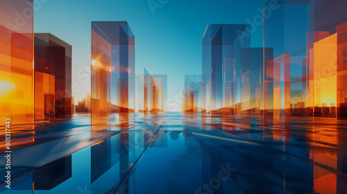 Abstract background of square hanging with many rectangular glass panels with colorful gradient colors against blue sky.