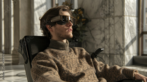 A man lounges with VR glasses on, evidently enjoying a virtual experience photo